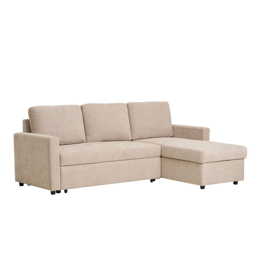 HOUSE NORDIC Belfast sovesofa, m. chaiselong og opbevaring - mrk sand polyester og natur ben