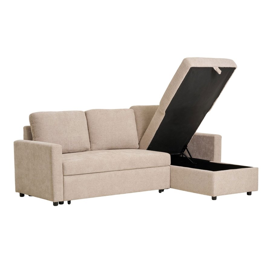HOUSE NORDIC Belfast sovesofa, m. chaiselong og opbevaring - mrk sand polyester og natur ben