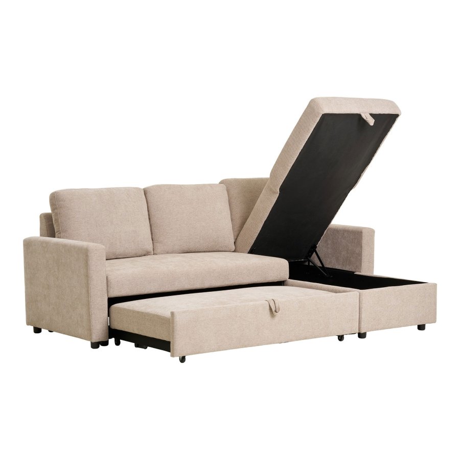 HOUSE NORDIC Belfast sovesofa, m. chaiselong og opbevaring - mrk sand polyester og natur ben