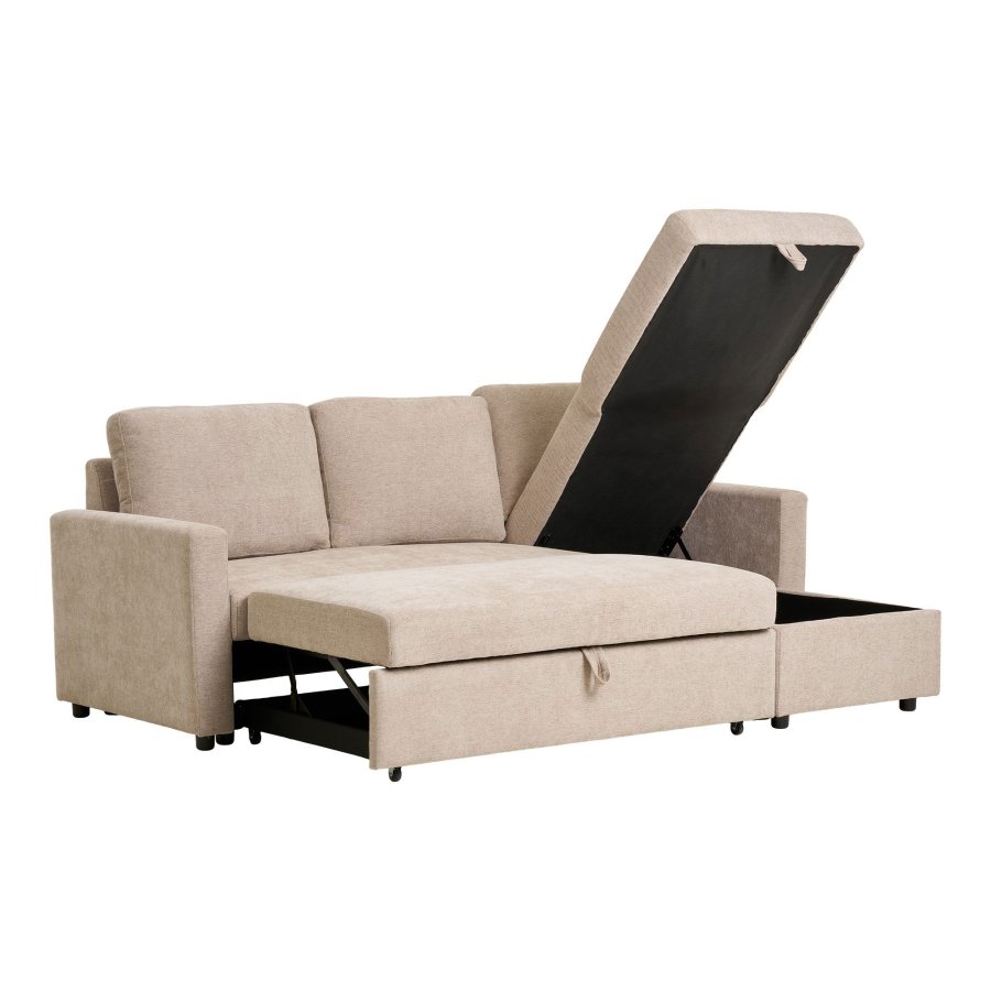 HOUSE NORDIC Belfast sovesofa, m. chaiselong og opbevaring - mrk sand polyester og natur ben