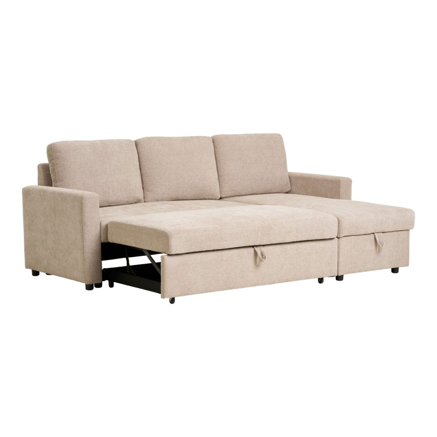 HOUSE NORDIC Belfast sovesofa, m. chaiselong og opbevaring - mrk sand polyester og natur ben