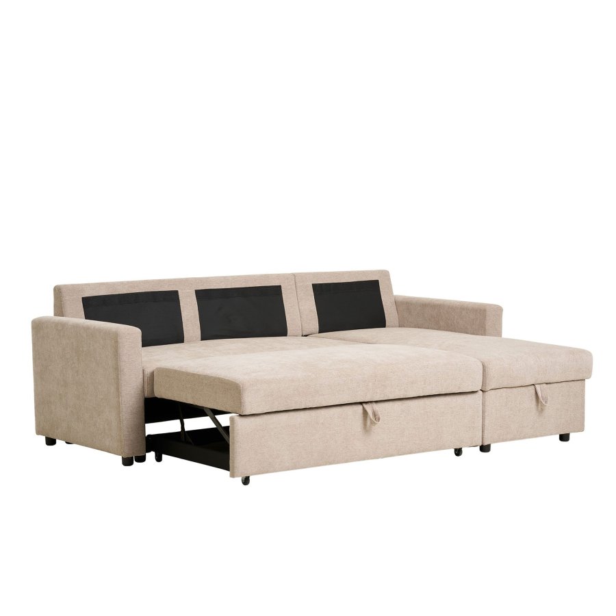 HOUSE NORDIC Belfast sovesofa, m. chaiselong og opbevaring - mrk sand polyester og natur ben