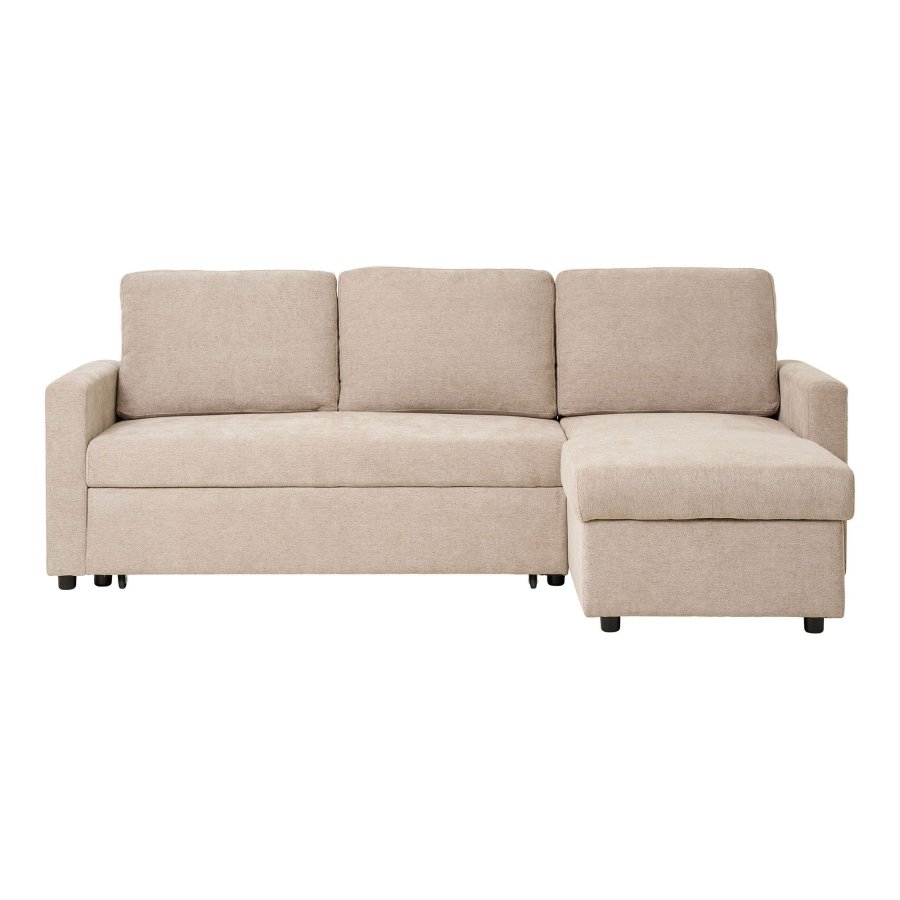 HOUSE NORDIC Belfast sovesofa, m. chaiselong og opbevaring - mrk sand polyester og natur ben
