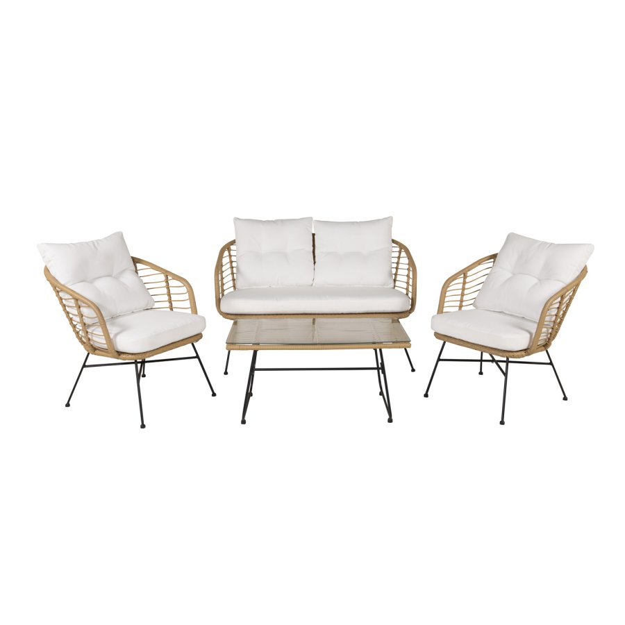 VENTURE DESIGN Viga sofast - hvide hynder, glas, natur rattan og sort stl