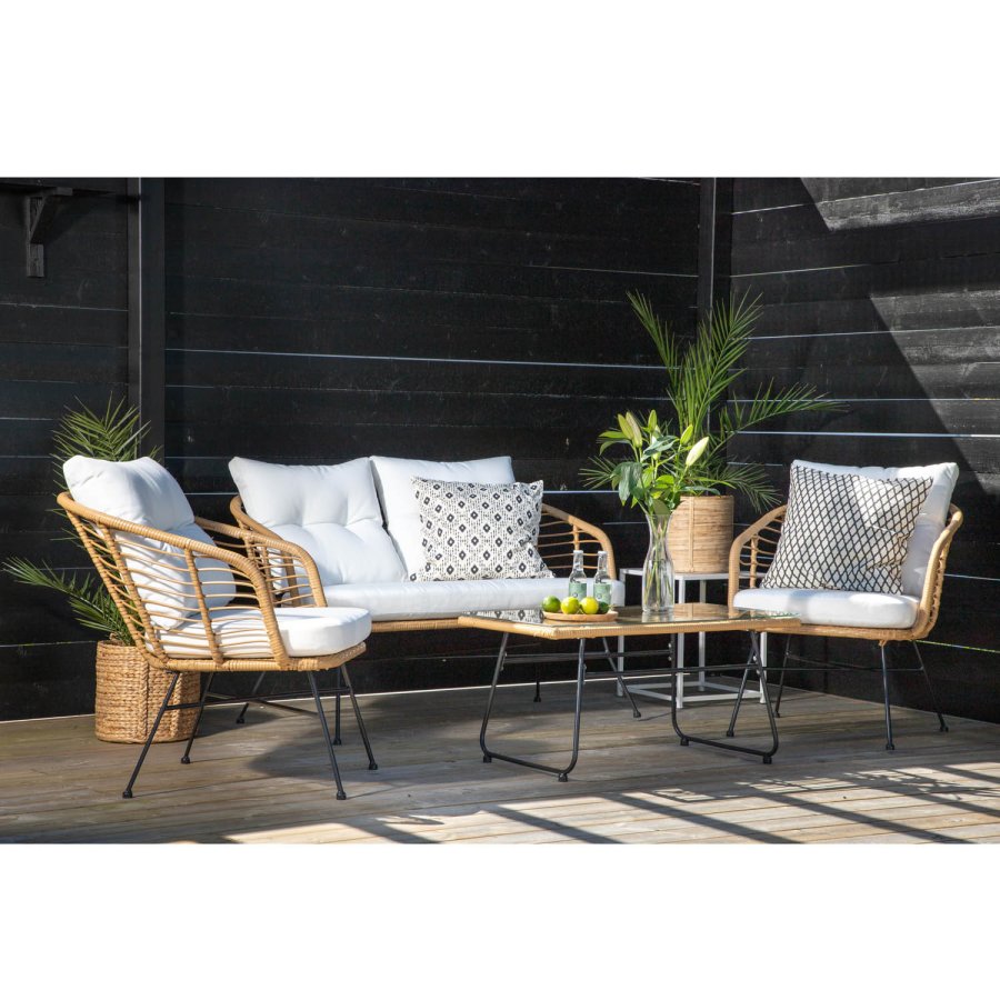 VENTURE DESIGN Viga sofast - hvide hynder, glas, natur rattan og sort stl