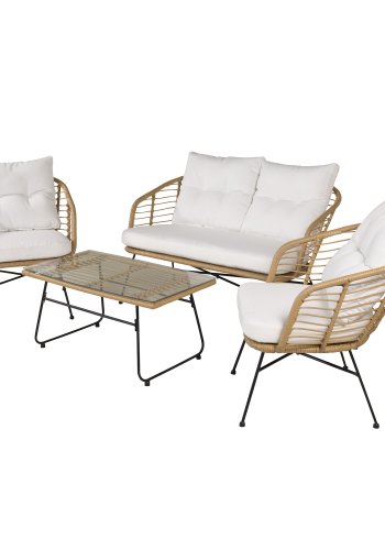VENTURE DESIGN Viga sofast - hvide hynder, glas, natur rattan og sort stl