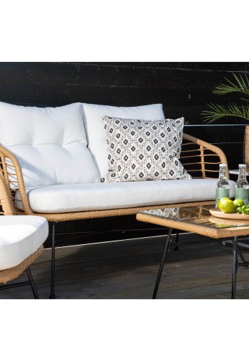 VENTURE DESIGN Viga sofast - hvide hynder, glas, natur rattan og sort stl