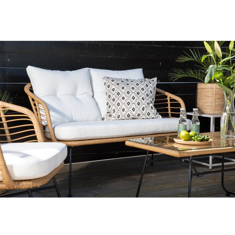 VENTURE DESIGN Viga sofast - hvide hynder, glas, natur rattan og sort stl