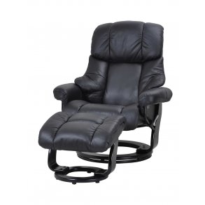 Crown recliner stol - sort lder, inkl. fodskammel