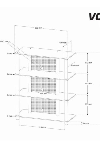  Bilus Hifi reol, m. 4 hylder - glas og gr aluminium