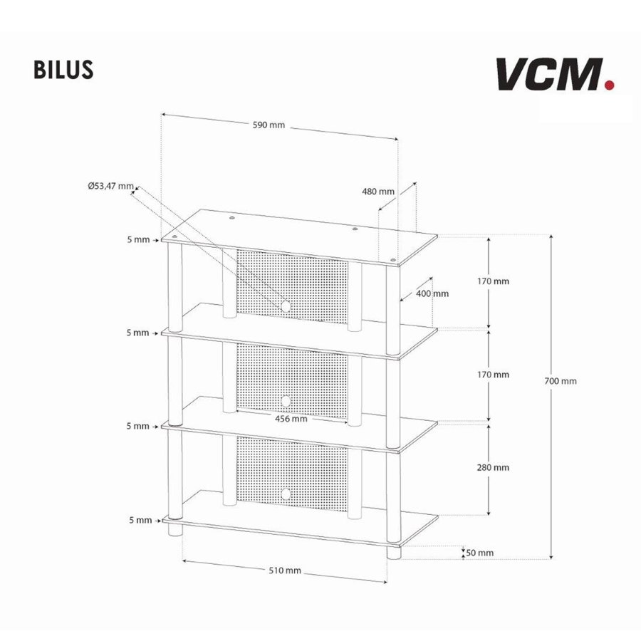  Bilus Hifi reol, m. 4 hylder - glas og gr aluminium