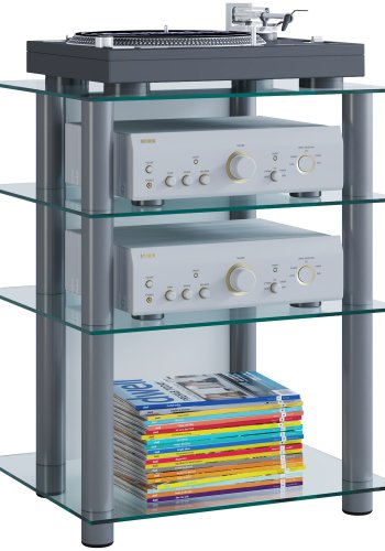  Bilus Hifi reol, m. 4 hylder - glas og gr aluminium