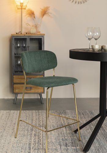 WHITE LABEL LIVING Jolien counterstol, m. rygln og fodsttte - mrkegrn polyester og guld stl