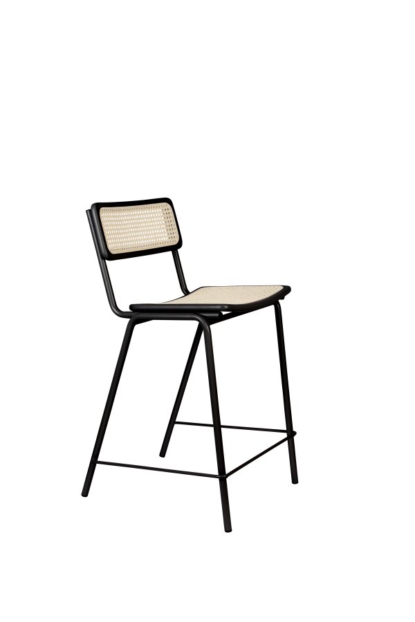 ZUIVER Jort barstol, m. rygln og fodsttte - natur rattan og sort stl (66,5cm)