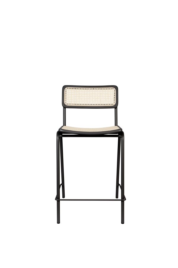 ZUIVER Jort barstol, m. rygln og fodsttte - natur rattan og sort stl (66,5cm)