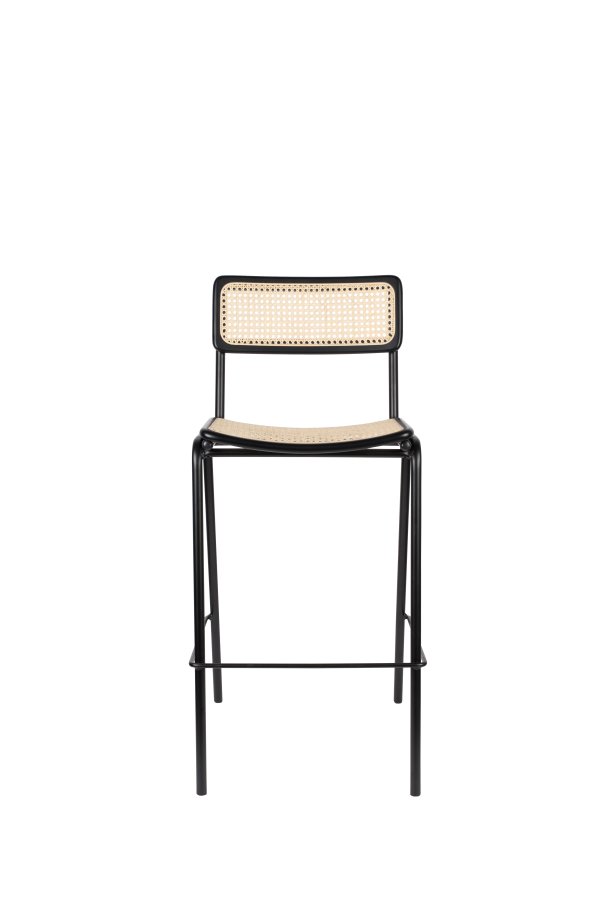 ZUIVER Jort barstol, m. rygln og fodsttte - natur rattan og sort stl (77,5cm)