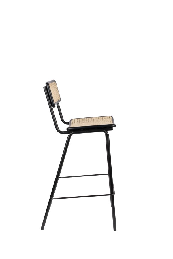 ZUIVER Jort barstol, m. rygln og fodsttte - natur rattan og sort stl (77,5cm)