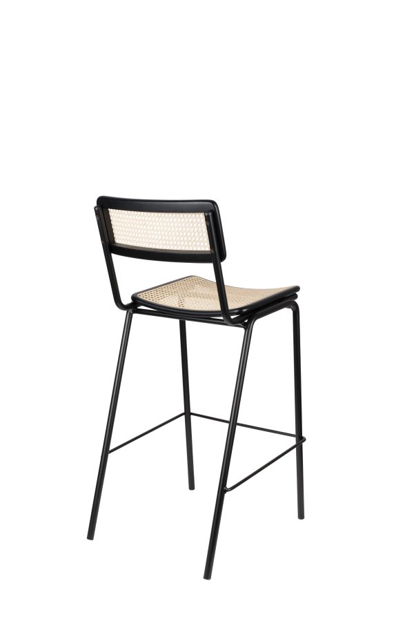 ZUIVER Jort barstol, m. rygln og fodsttte - natur rattan og sort stl (77,5cm)