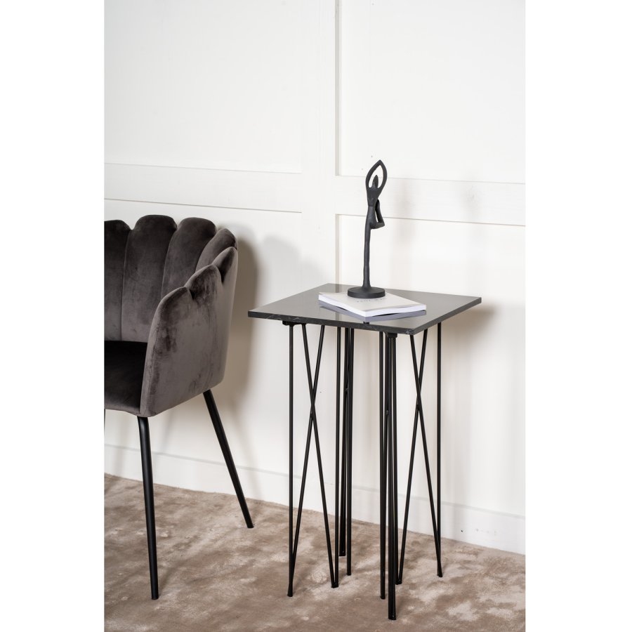 VENTURE DESIGN Stone sidebord, kvadratisk - sort kunstig sten og sort metal (40x40)