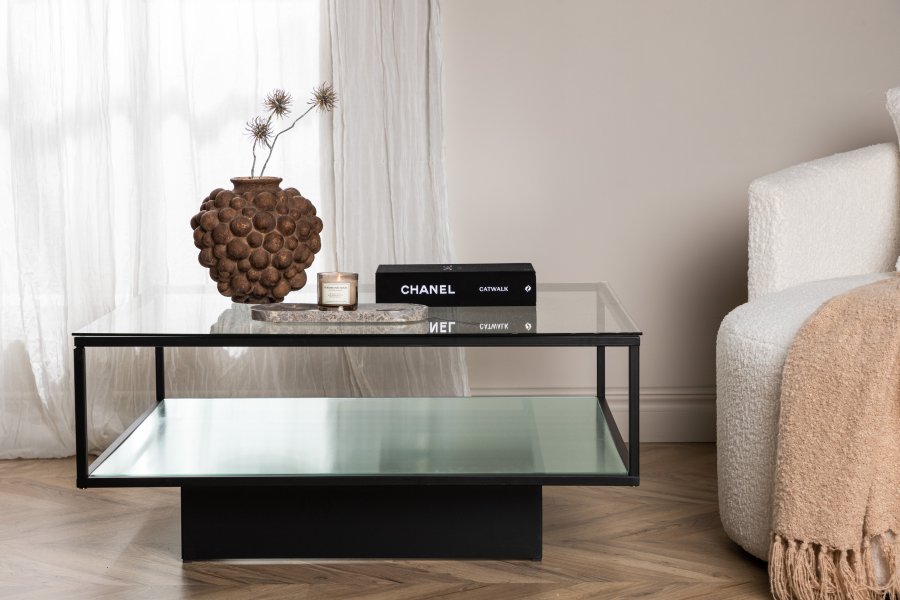 VENTURE DESIGN Maglehem sofabord, m. hylde - klar glas og sort stl (90x90)