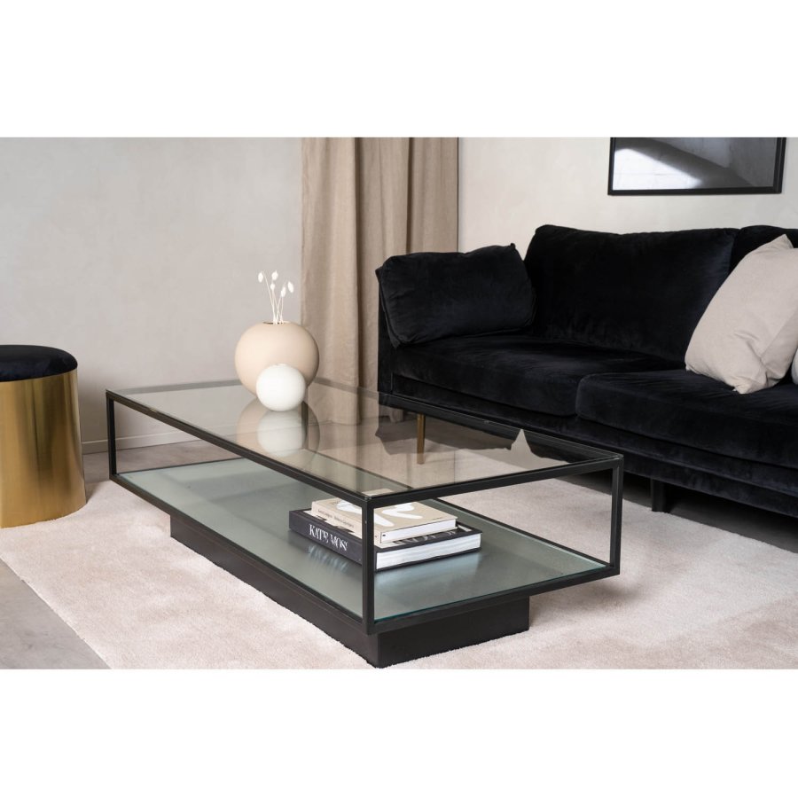 VENTURE DESIGN Maglehem sofabord, m. hylde - klar glas og sort metal (120x60)