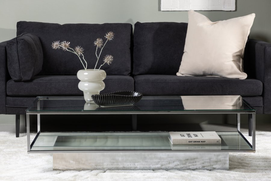 VENTURE DESIGN Maglehem sofabord, m. opbevaring - klar glas og slv krom stl (130x60)