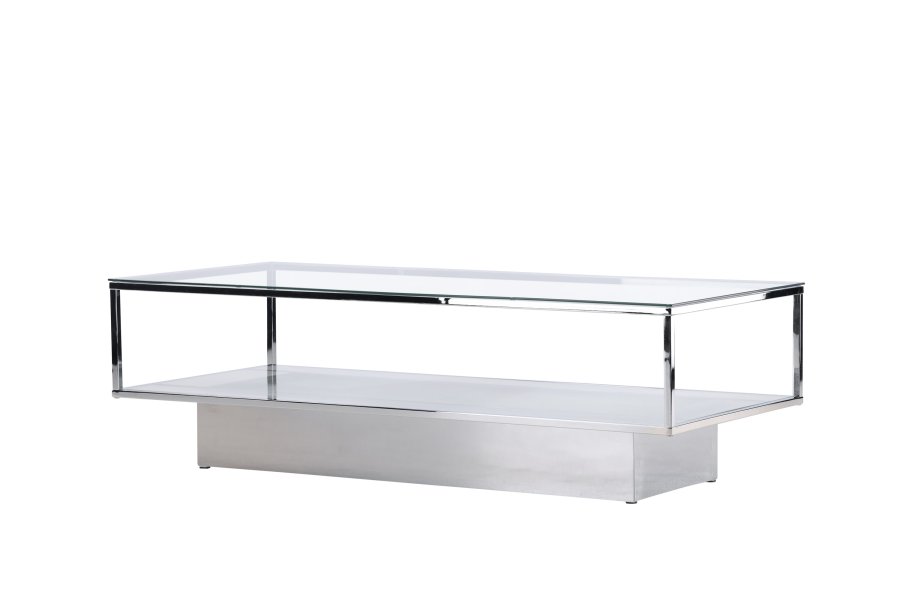 VENTURE DESIGN Maglehem sofabord, m. opbevaring - klar glas og slv krom stl (130x60)