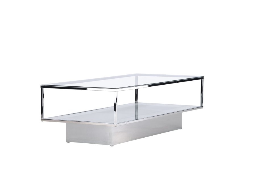 VENTURE DESIGN Maglehem sofabord, m. opbevaring - klar glas og slv krom stl (130x60)