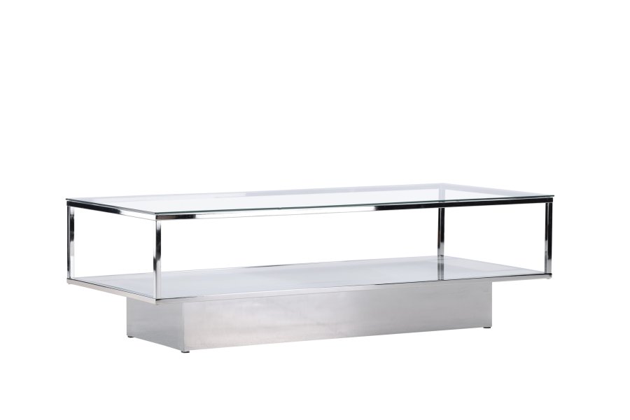 VENTURE DESIGN Maglehem sofabord, m. opbevaring - klar glas og slv krom stl (130x60)