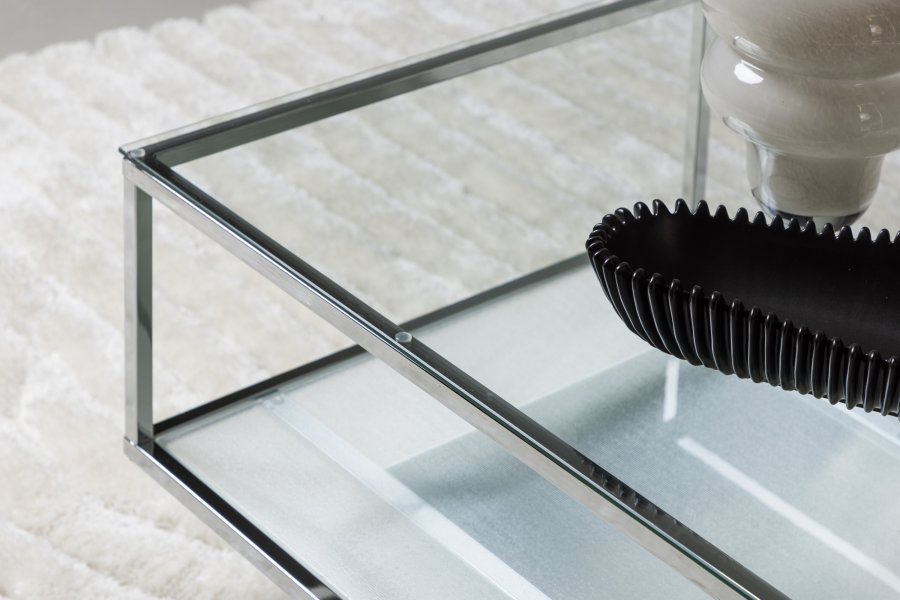 VENTURE DESIGN Maglehem sofabord, m. opbevaring - klar glas og slv krom stl (130x60)