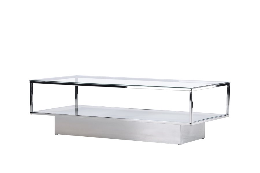 VENTURE DESIGN Maglehem sofabord, m. opbevaring - klar glas og slv krom stl (130x60)