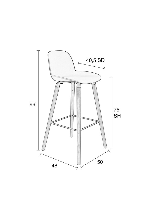 ZUIVER Albert Kuip barstol, m. rygln og fodsttte - sort polypropylen og sort asketr (75cm)