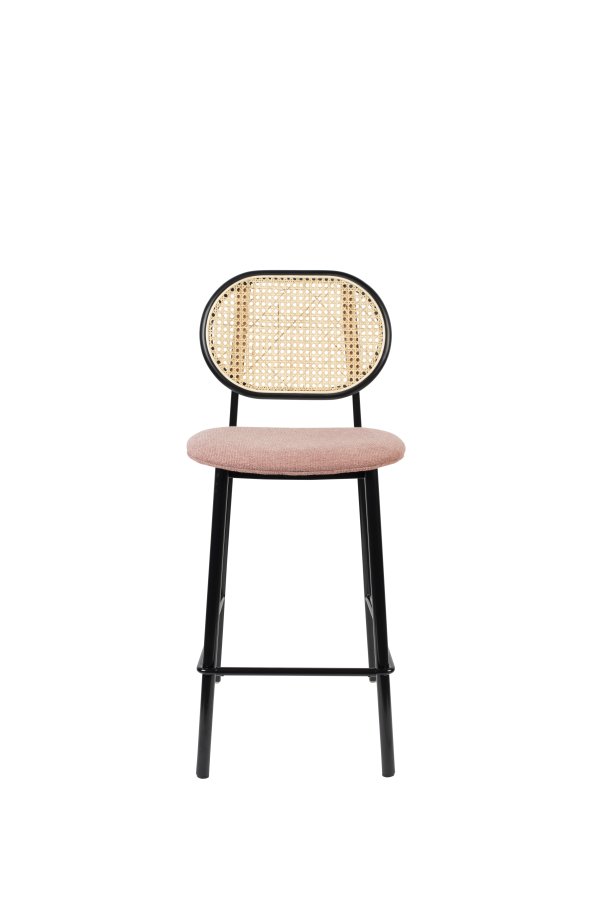 ZUIVER Spike barstol, m. rygln og fodsttte - natur rattan, lyserd polyester og sort stl (64,5cm)