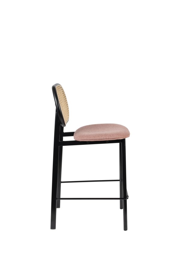 ZUIVER Spike barstol, m. rygln og fodsttte - natur rattan, lyserd polyester og sort stl (64,5cm)