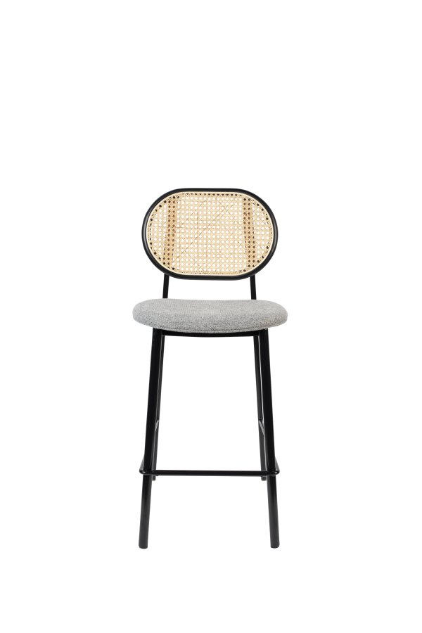 ZUIVER Spike barstol, m. rygln og fodsttte - natur rattan, gr polyester og sort stl (64,5cm)