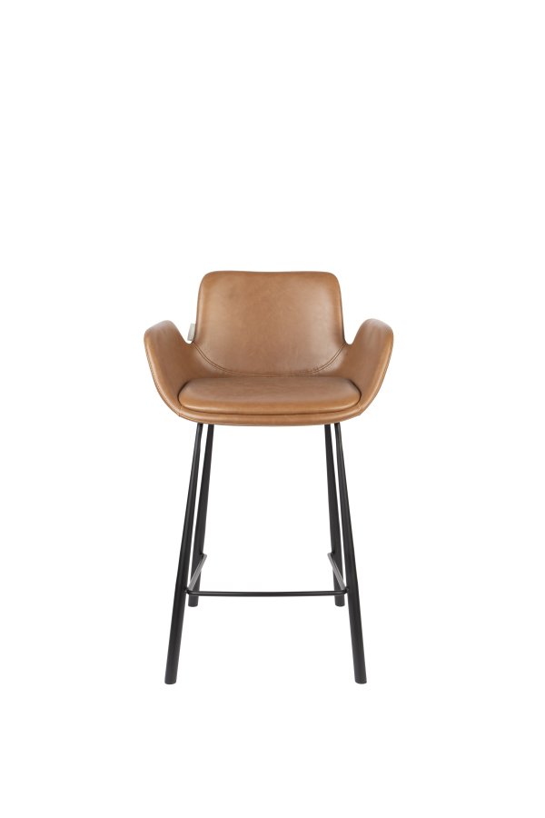 ZUIVER Brit LL barstol, m. rygln, armln og fodsttte - brun PU og sort stl