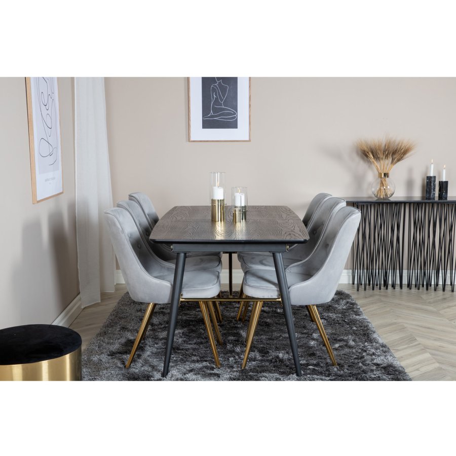 VENTURE DESIGN Gold spisebord, m. udtrk - messing, sort MDF og sort metal (180x85)