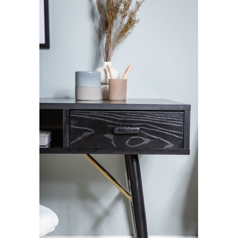 VENTURE DESIGN Gold skrivebord, m. 2 hylder og 1 skuffe - sort MDF og jern (110x60)