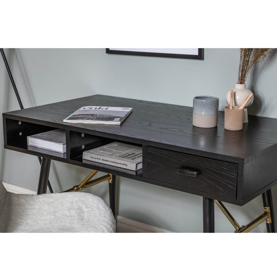 VENTURE DESIGN Gold skrivebord, m. 2 hylder og 1 skuffe - sort MDF og jern (110x60)