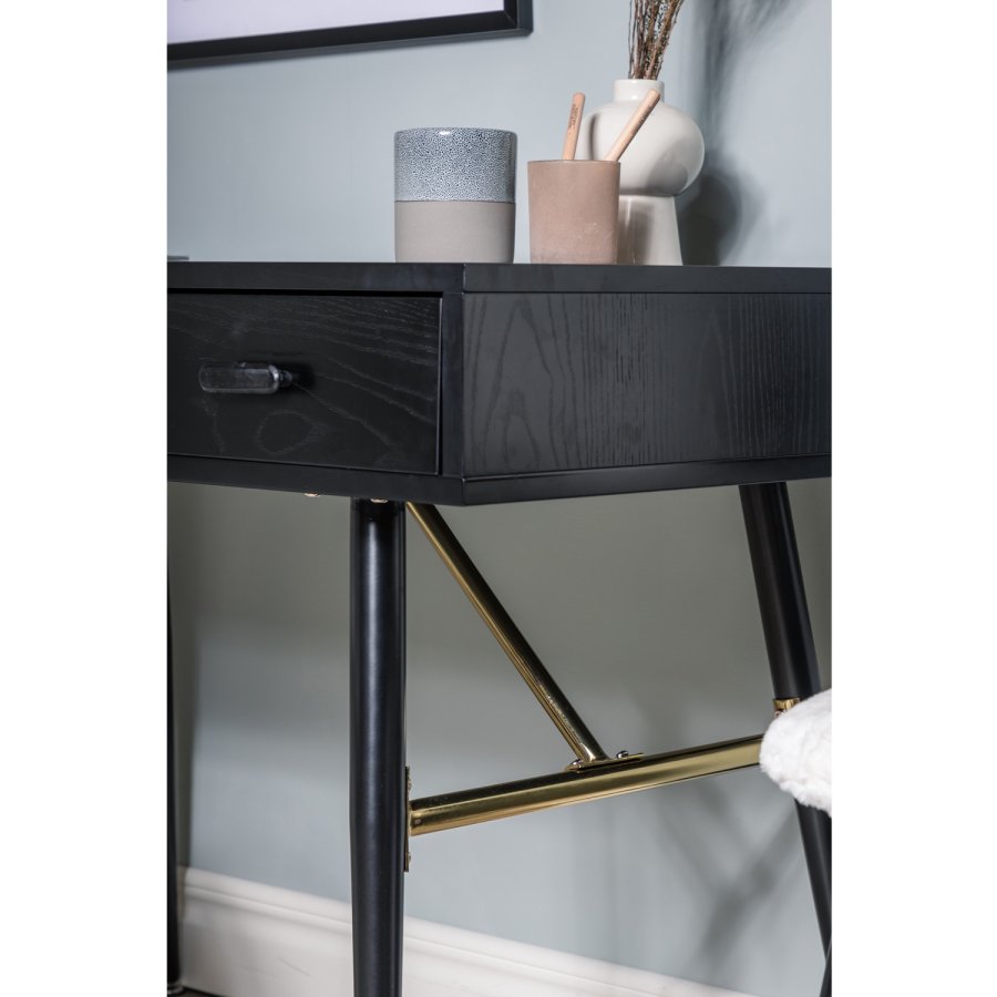 VENTURE DESIGN Gold skrivebord, m. 2 hylder og 1 skuffe - sort MDF og jern (110x60)