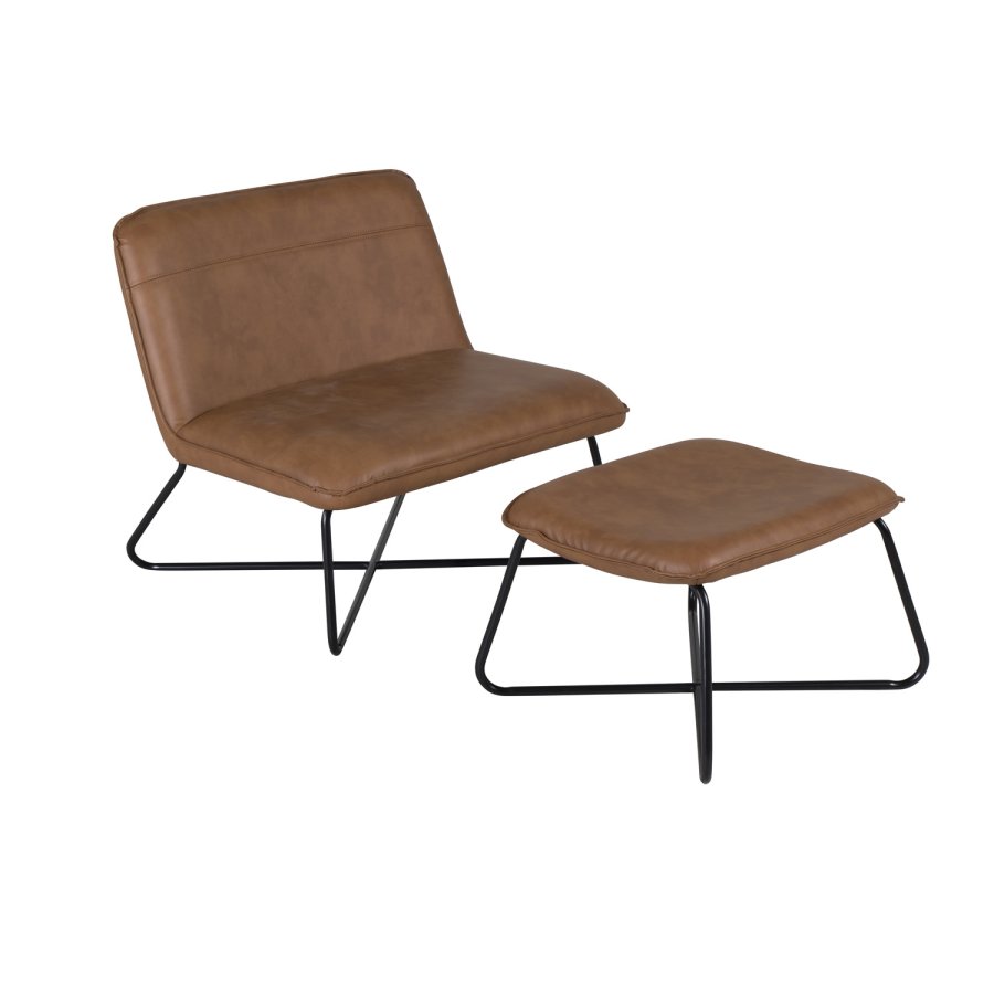 VENTURE DESIGN X-loungestol m. fodskammel - brun PU og sort jern
