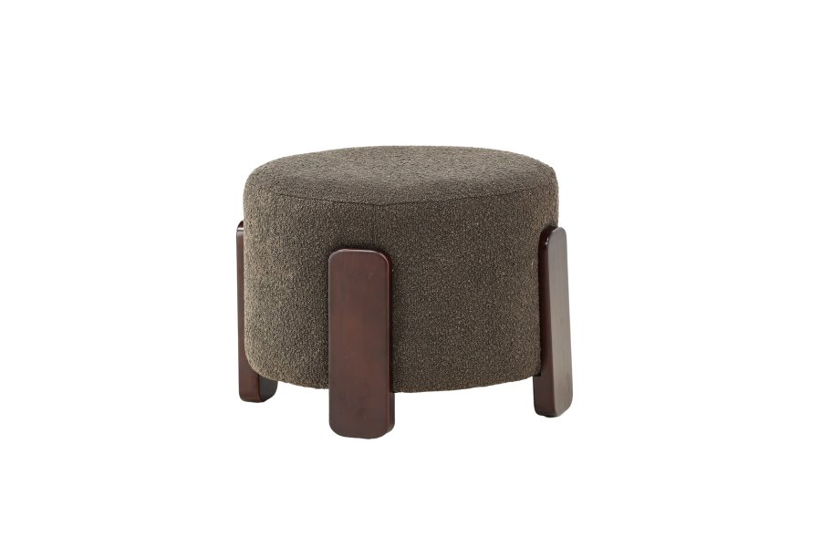VENTURE DESIGN Coffey puf, rund - mrkegr bouclé polyester og mrkebrun gummitr (52,5)