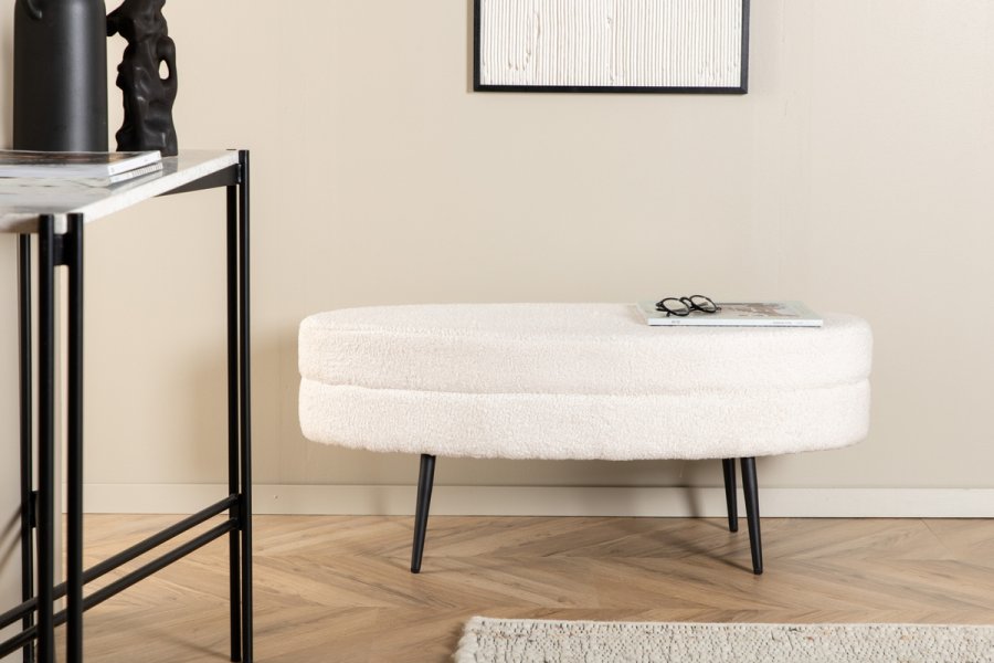 VENTURE DESIGN Otto puf, oval - hvid bamsestof polyester og sort stl (100x40)