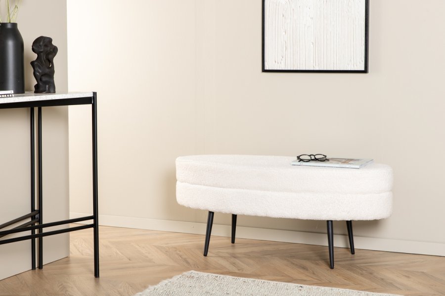 VENTURE DESIGN Otto puf, oval - hvid bamsestof polyester og sort stl (100x40)