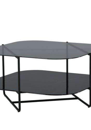 VENTURE DESIGN Un-line sofabord, m. hylde i sort marmorglas - rgsort glas og sort stl (85x85)