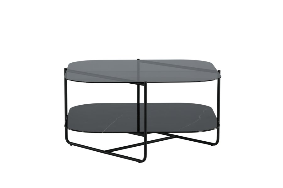 VENTURE DESIGN Un-line sofabord, m. hylde i sort marmorglas - rgsort glas og sort stl (85x85)