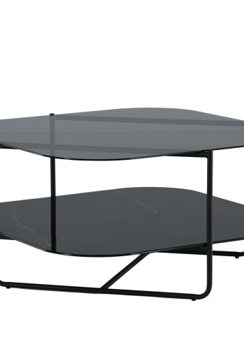 VENTURE DESIGN Un-line sofabord, m. hylde i sort marmorglas - rgsort glas og sort stl (85x85)
