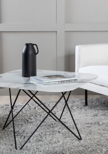 VENTURE DESIGN Tristar sofabord, kvadratisk - hvid marmoreret glas og sort stl (80x80)