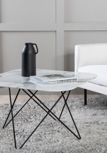 VENTURE DESIGN Tristar sofabord, kvadratisk - hvid marmoreret glas og sort stl (80x80)