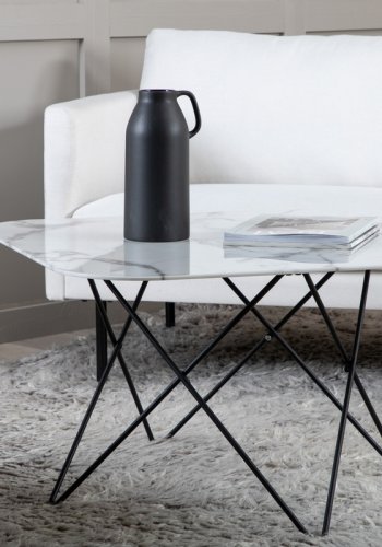 VENTURE DESIGN Tristar sofabord, kvadratisk - hvid marmoreret glas og sort stl (80x80)